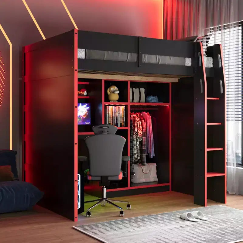 Full Size Gaming Loft Bed with Desk & RGB Lights, Full Wood Loft Bed Frame with Wardrobe and Storage Compartments