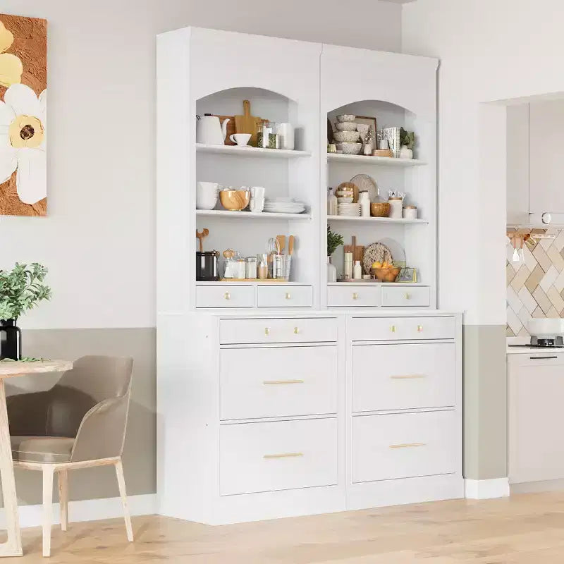 GDFStudio Tatton Modern 83.7 Kitchen Pantry with Faux Marble Top, Storage Drawers and Shelves, White