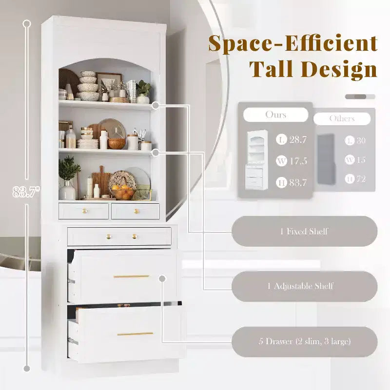 GDFStudio Tatton Modern 83.7 Kitchen Pantry with Faux Marble Top, Storage Drawers and Shelves, White