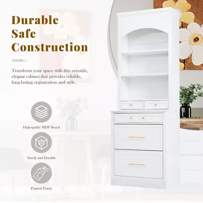 GDFStudio Tatton Modern 83.7 Kitchen Pantry with Faux Marble Top, Storage Drawers and Shelves, White