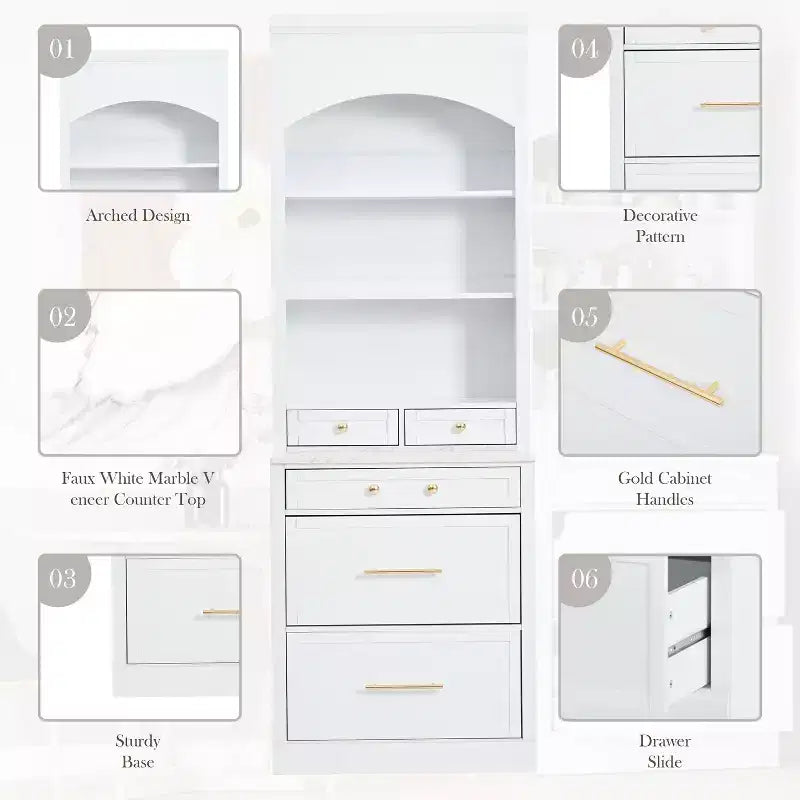 GDFStudio Tatton Modern 83.7 Kitchen Pantry with Faux Marble Top, Storage Drawers and Shelves, White