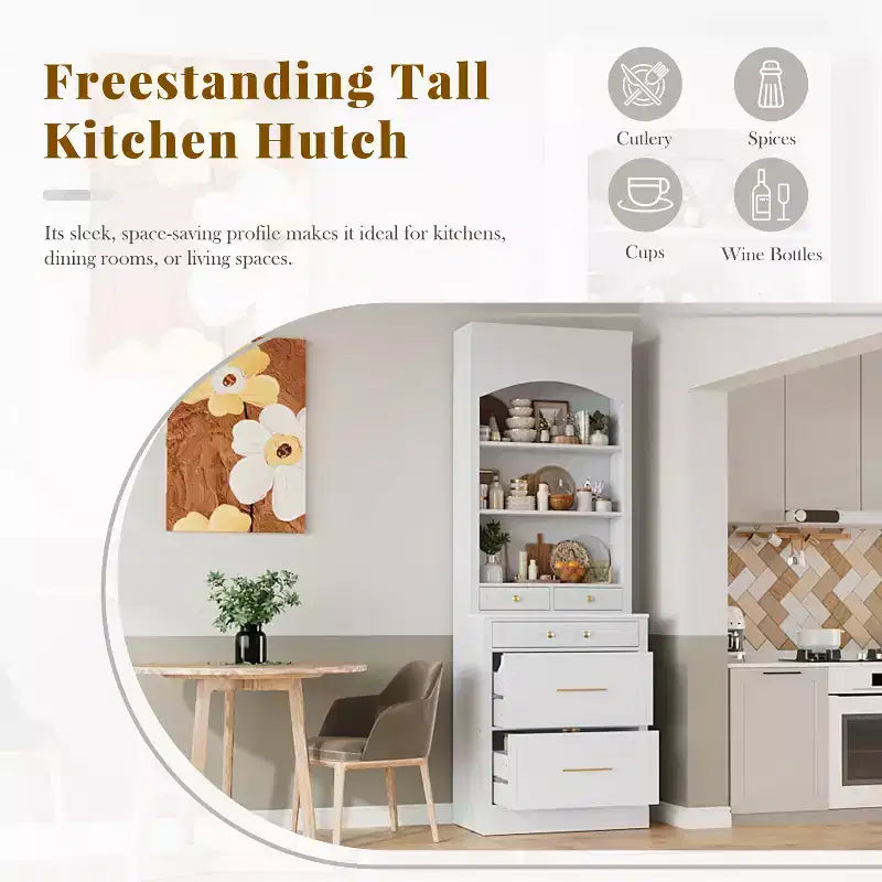GDFStudio Tatton Modern 83.7 Kitchen Pantry with Faux Marble Top, Storage Drawers and Shelves, White
