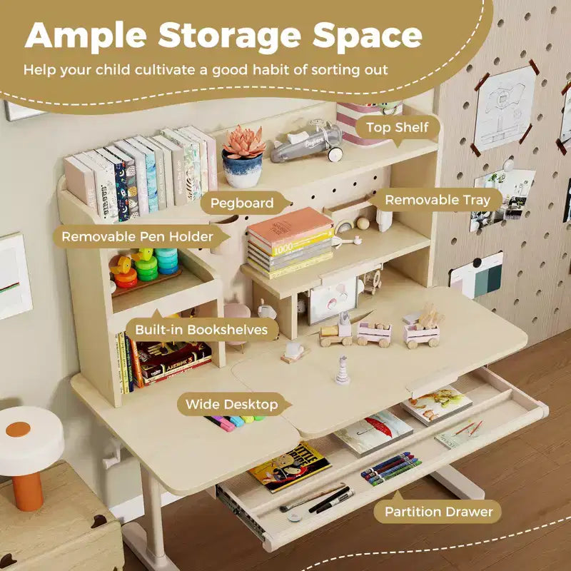 Costway Kids Study Desk w/Tilt Desktop Retractable Book Stand & Pegboard Pen Holder