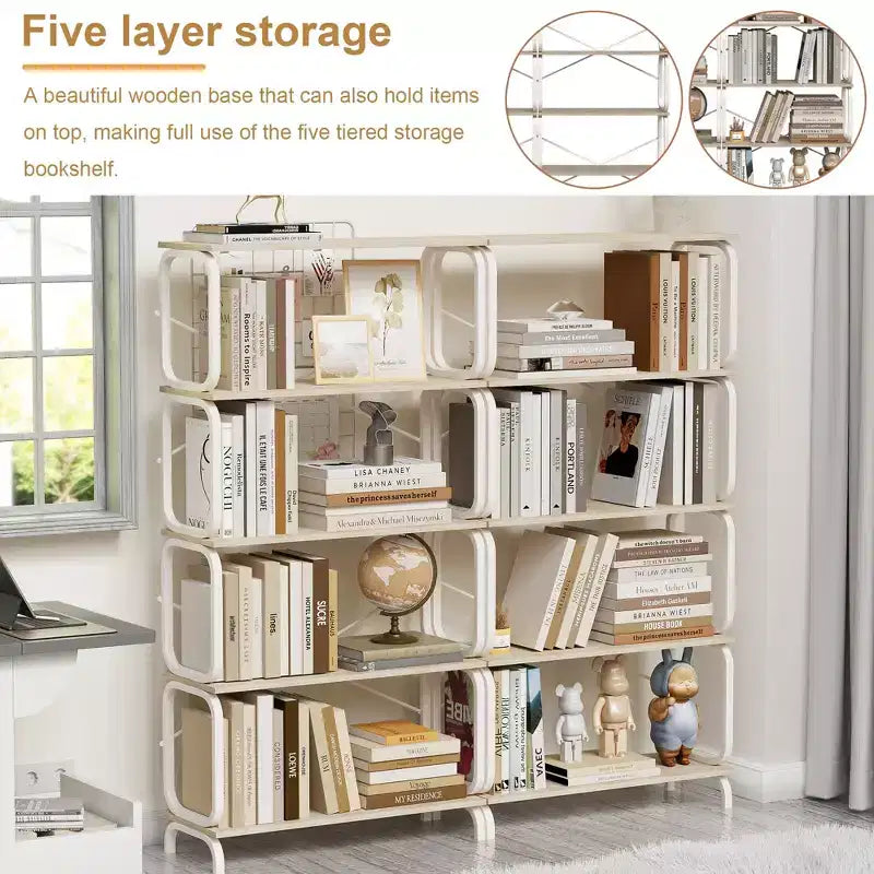 VIYET63 5-Tier Industrial shelf, White MDF+Iron Frame Open Bookcase (Anti-Tipping Home Office/Living Room Organizer)