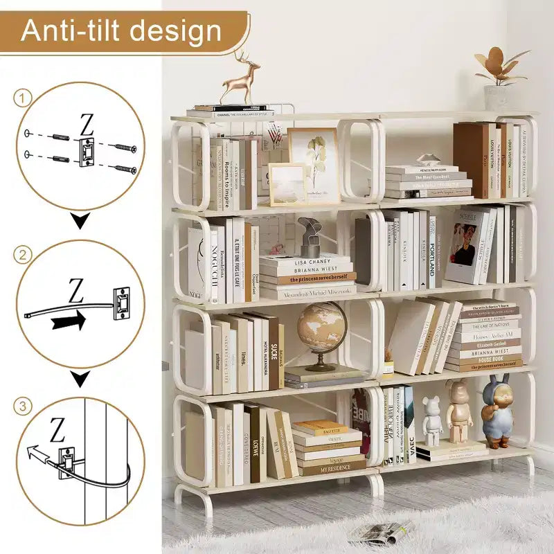 VIYET63 5-Tier Industrial shelf, White MDF+Iron Frame Open Bookcase (Anti-Tipping Home Office/Living Room Organizer)