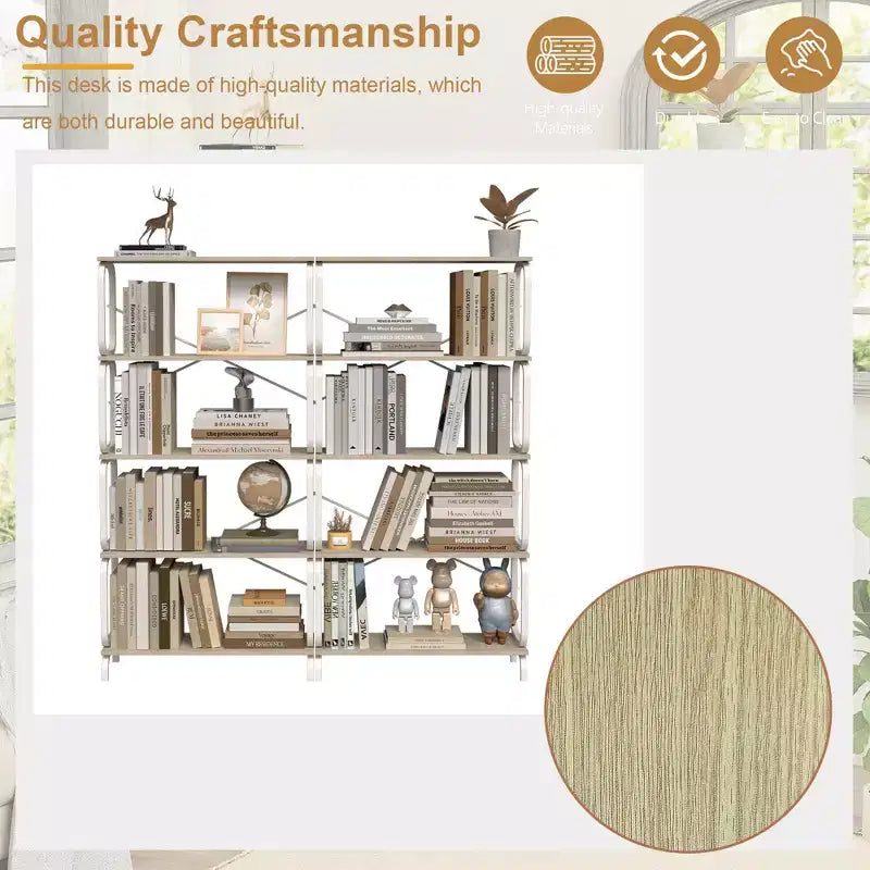 VIYET63 5-Tier Industrial shelf, White MDF+Iron Frame Open Bookcase (Anti-Tipping Home Office/Living Room Organizer)