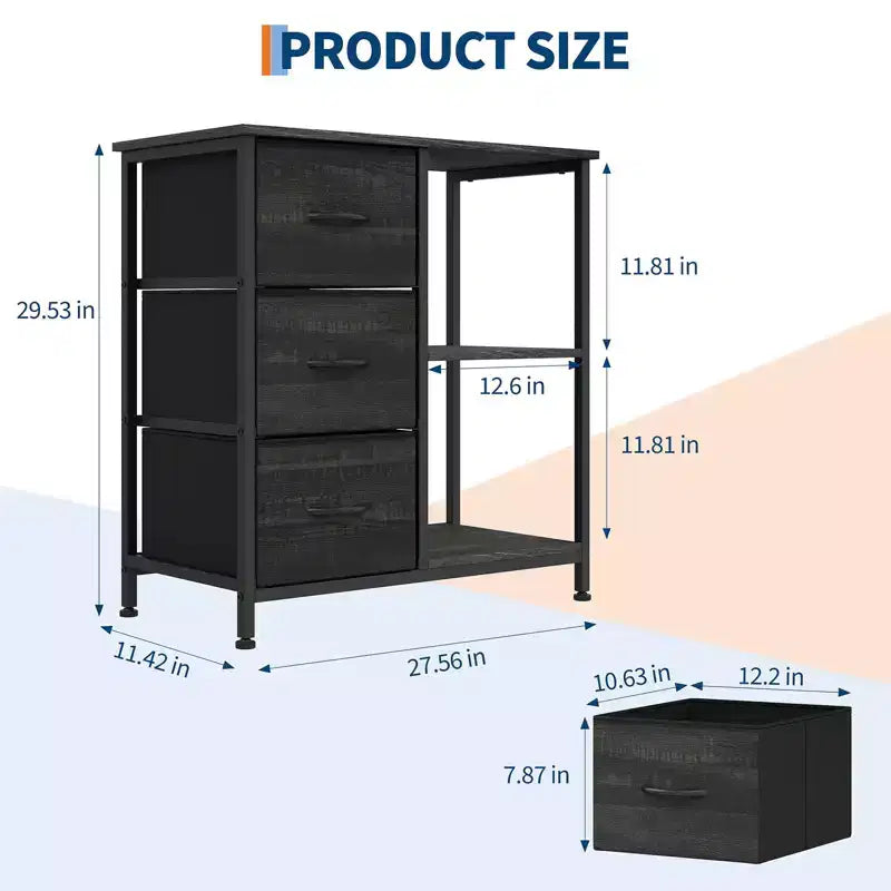 3 Drawer File Cabinet, 3 Tier Vertical Filing Cabinet with Open Shelves & Metal Frame, Wood Printer Stand, Small Bedside Table for Bedroom Office