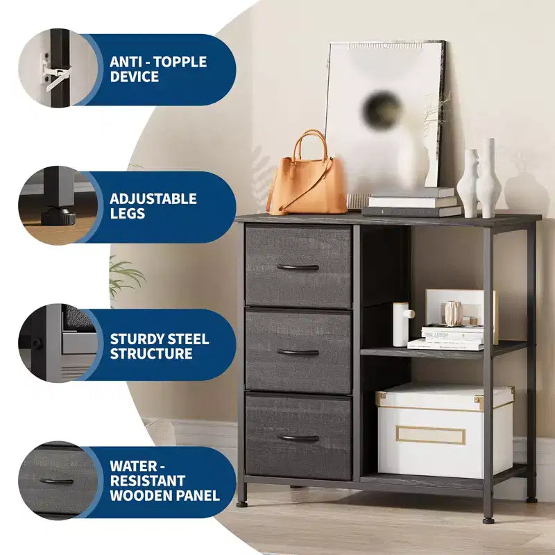 3 Drawer File Cabinet, 3 Tier Vertical Filing Cabinet with Open Shelves & Metal Frame, Wood Printer Stand, Small Bedside Table for Bedroom Office