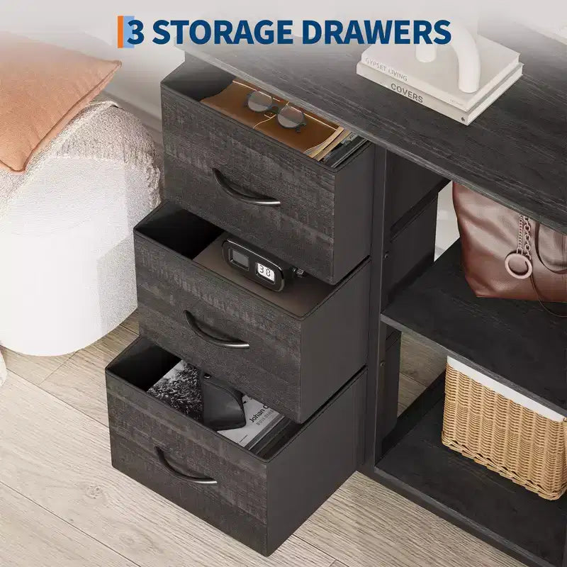 3 Drawer File Cabinet, 3 Tier Vertical Filing Cabinet with Open Shelves & Metal Frame, Wood Printer Stand, Small Bedside Table for Bedroom Office