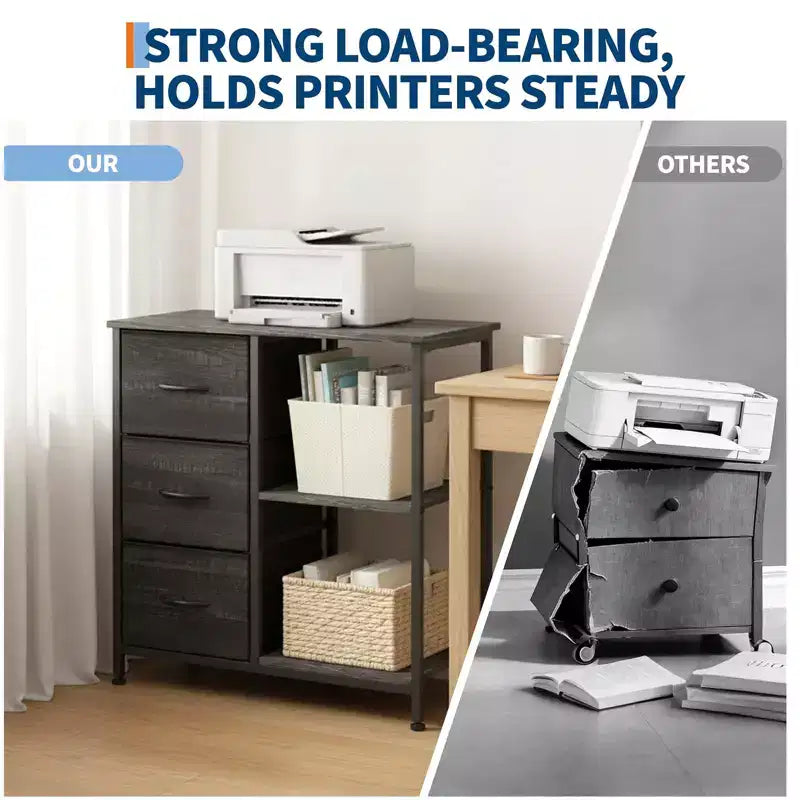 3 Drawer File Cabinet, 3 Tier Vertical Filing Cabinet with Open Shelves & Metal Frame, Wood Printer Stand, Small Bedside Table for Bedroom Office