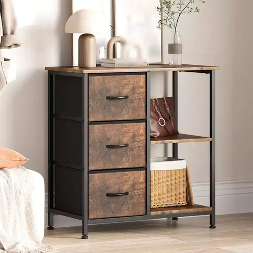 3 Drawer File Cabinet, 3 Tier Vertical Filing Cabinet with Open Shelves & Metal Frame, Wood Printer Stand, Small Bedside Table for Bedroom Office
