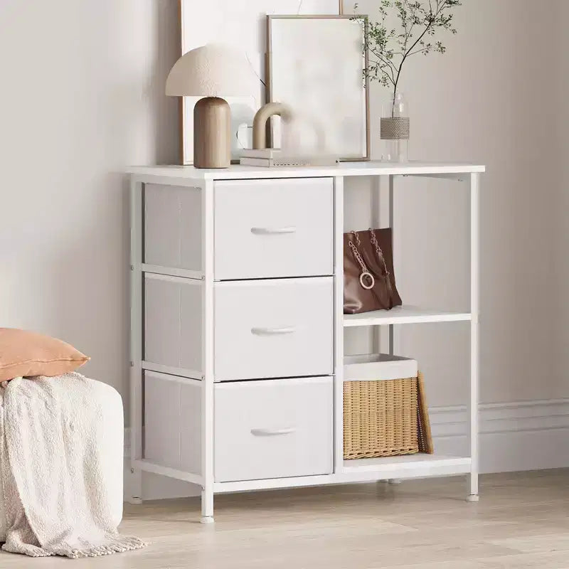 3 Drawer File Cabinet, 3 Tier Vertical Filing Cabinet with Open Shelves & Metal Frame, Wood Printer Stand, Small Bedside Table for Bedroom Office