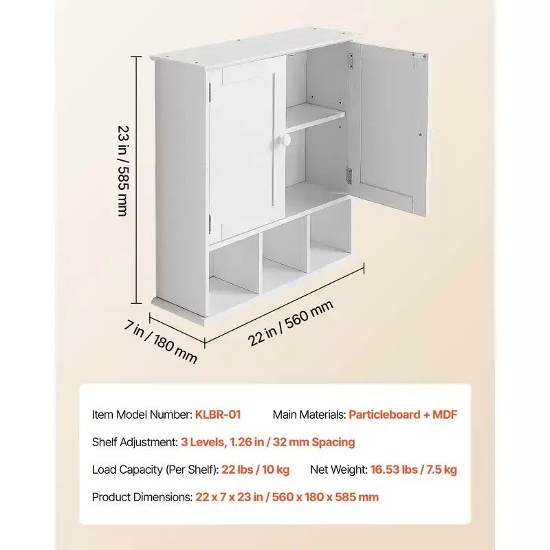 Double Door Wall Mounted Bathroom Storage Cabinet with Adjustable Shelf