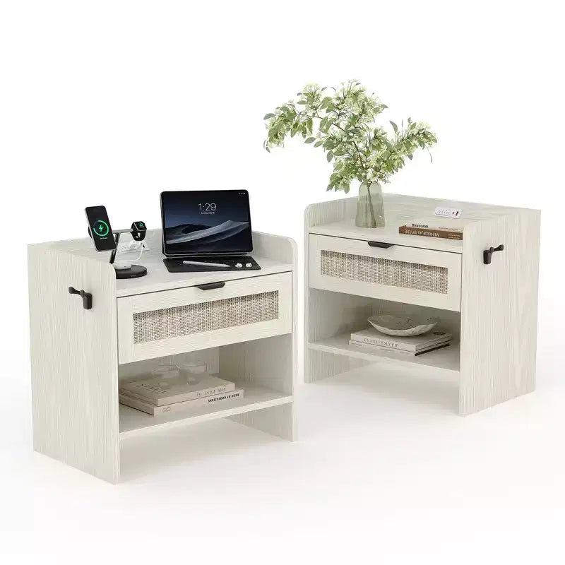 Rattan Nightstand Set of 2, Bedside Table, Modern Night Stand 2 Drawer Storage Space, Suitable for Bedroom, Office, or Living Room