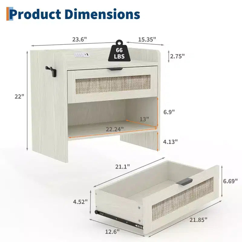 Rattan Nightstand Set of 2, Bedside Table, Modern Night Stand 2 Drawer Storage Space, Suitable for Bedroom, Office, or Living Room