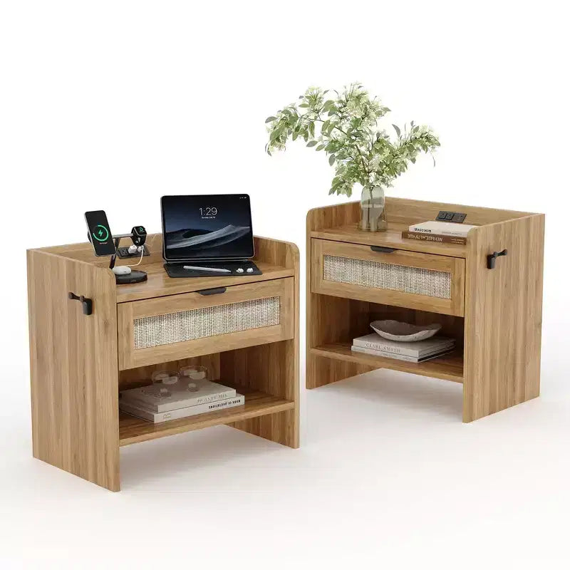 Rattan Nightstand Set of 2, Bedside Table, Modern Night Stand 2 Drawer Storage Space, Suitable for Bedroom, Office, or Living Room