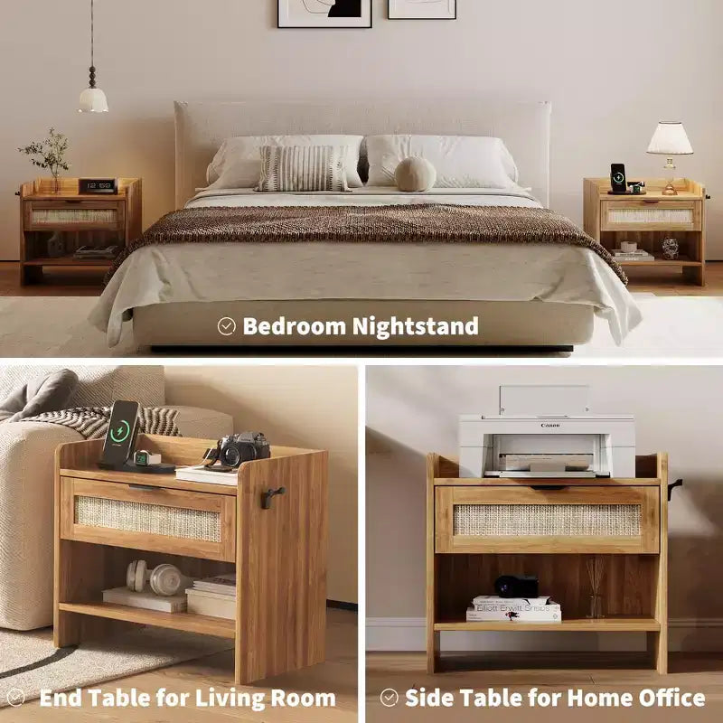 Rattan Nightstand Set of 2, Bedside Table, Modern Night Stand 2 Drawer Storage Space, Suitable for Bedroom, Office, or Living Room