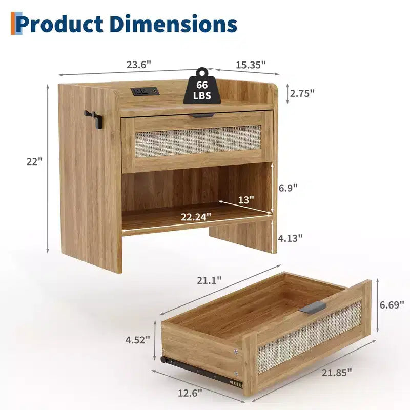 Rattan Nightstand Set of 2, Bedside Table, Modern Night Stand 2 Drawer Storage Space, Suitable for Bedroom, Office, or Living Room