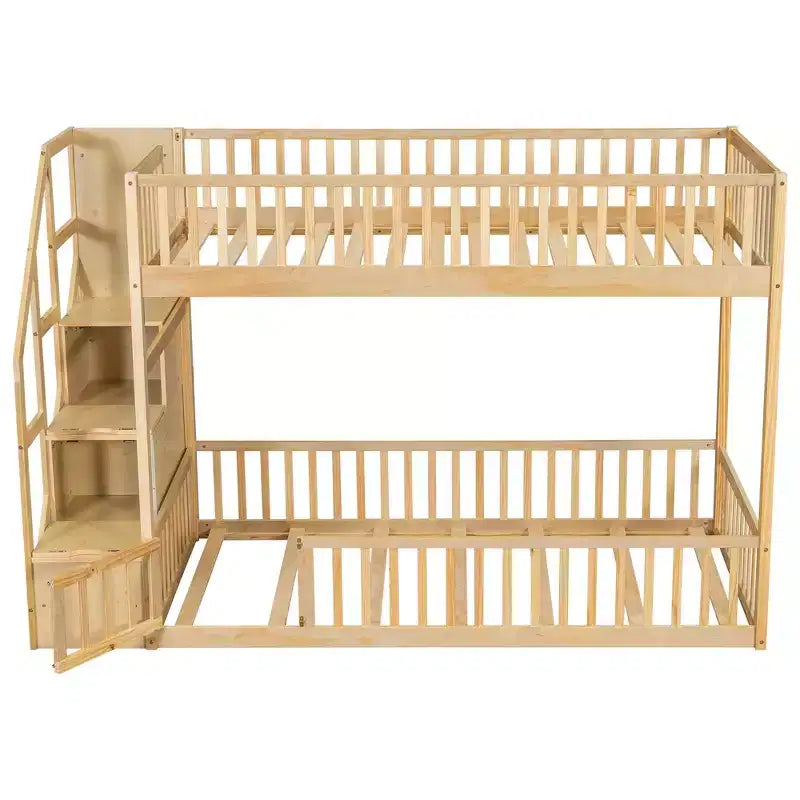 Twin Over Twin Floor Bunk Bed with Storage Stairs, Twin Size Wooden Bunk Bed Frame with Guardrail