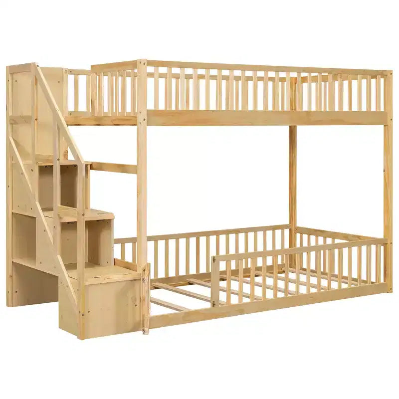 Twin Over Twin Floor Bunk Bed with Storage Stairs, Twin Size Wooden Bunk Bed Frame with Guardrail