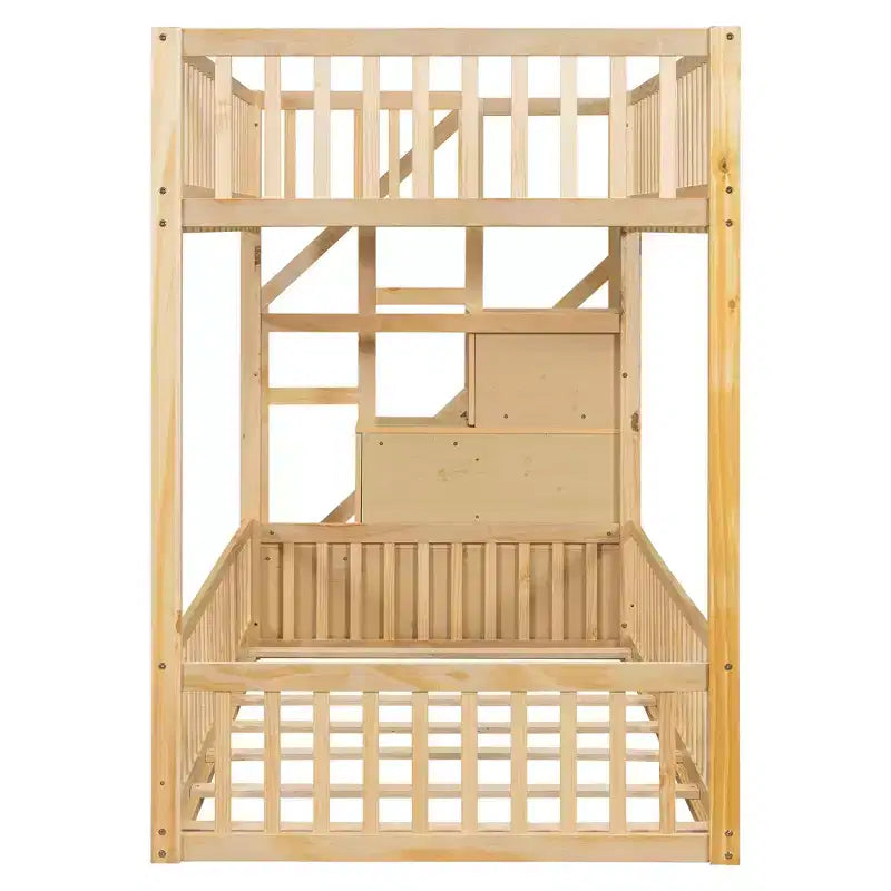 Twin Over Twin Floor Bunk Bed with Storage Stairs, Twin Size Wooden Bunk Bed Frame with Guardrail