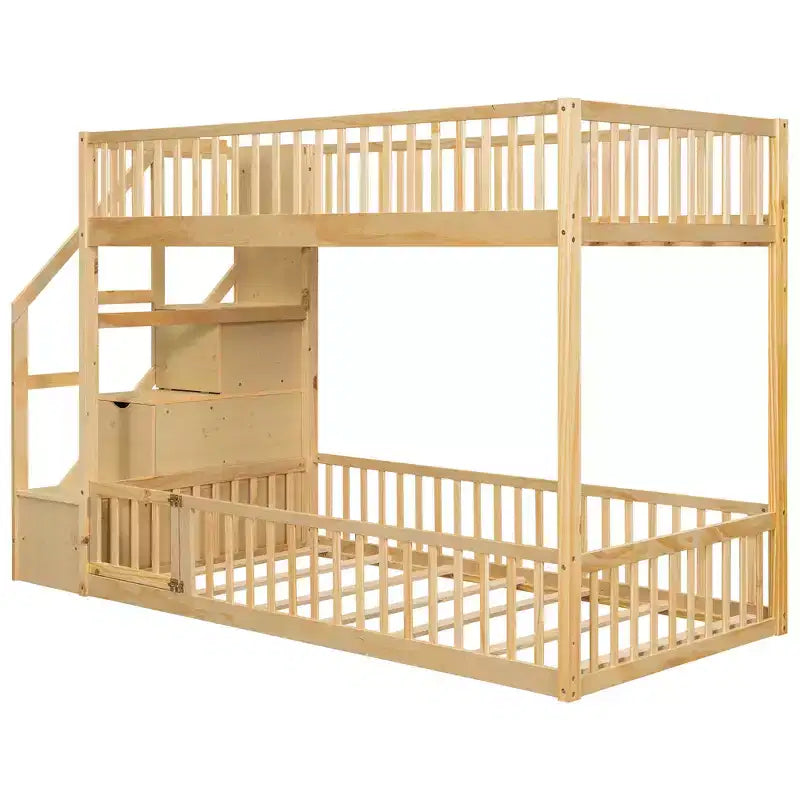 Twin Over Twin Floor Bunk Bed with Storage Stairs, Twin Size Wooden Bunk Bed Frame with Guardrail