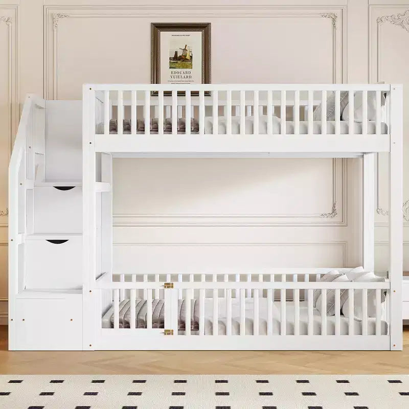 Twin Over Twin Floor Bunk Bed with Storage Stairs, Twin Size Wooden Bunk Bed Frame with Guardrail