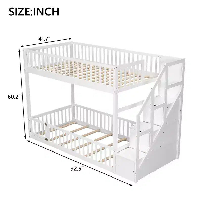 Twin Over Twin Floor Bunk Bed with Storage Stairs, Twin Size Wooden Bunk Bed Frame with Guardrail