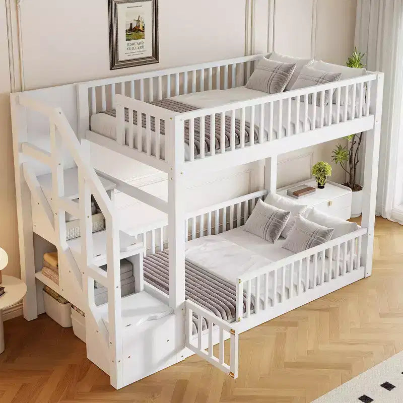 Twin Over Twin Floor Bunk Bed with Storage Stairs, Twin Size Wooden Bunk Bed Frame with Guardrail