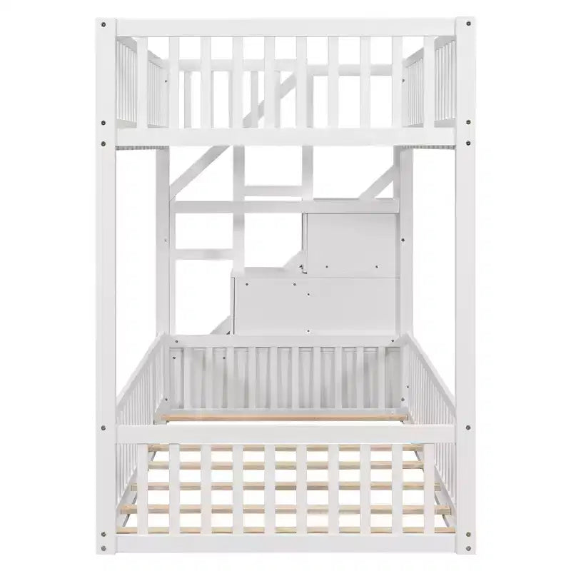 Twin Over Twin Floor Bunk Bed with Storage Stairs, Twin Size Wooden Bunk Bed Frame with Guardrail