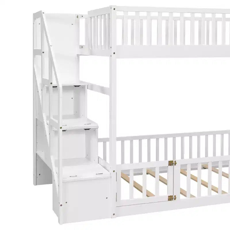Twin Over Twin Floor Bunk Bed with Storage Stairs, Twin Size Wooden Bunk Bed Frame with Guardrail