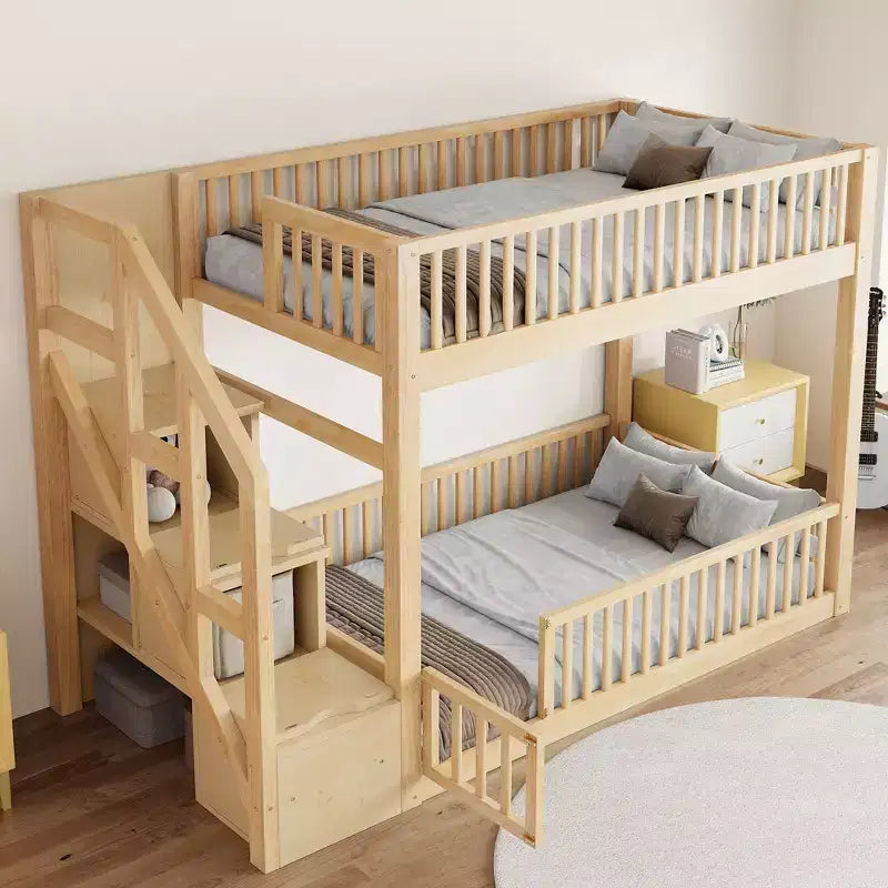 Twin Over Twin Floor Bunk Bed with Storage Stairs, Twin Size Wooden Bunk Bed Frame with Guardrail