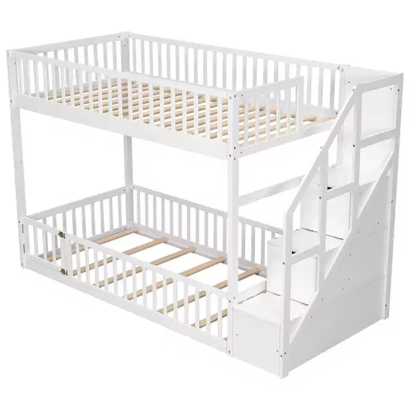 Twin Over Twin Floor Bunk Bed with Storage Stairs, Twin Size Wooden Bunk Bed Frame with Guardrail
