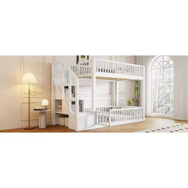 Twin Over Twin Floor Bunk Bed with Storage Stairs, Twin Size Wooden Bunk Bed Frame with Guardrail