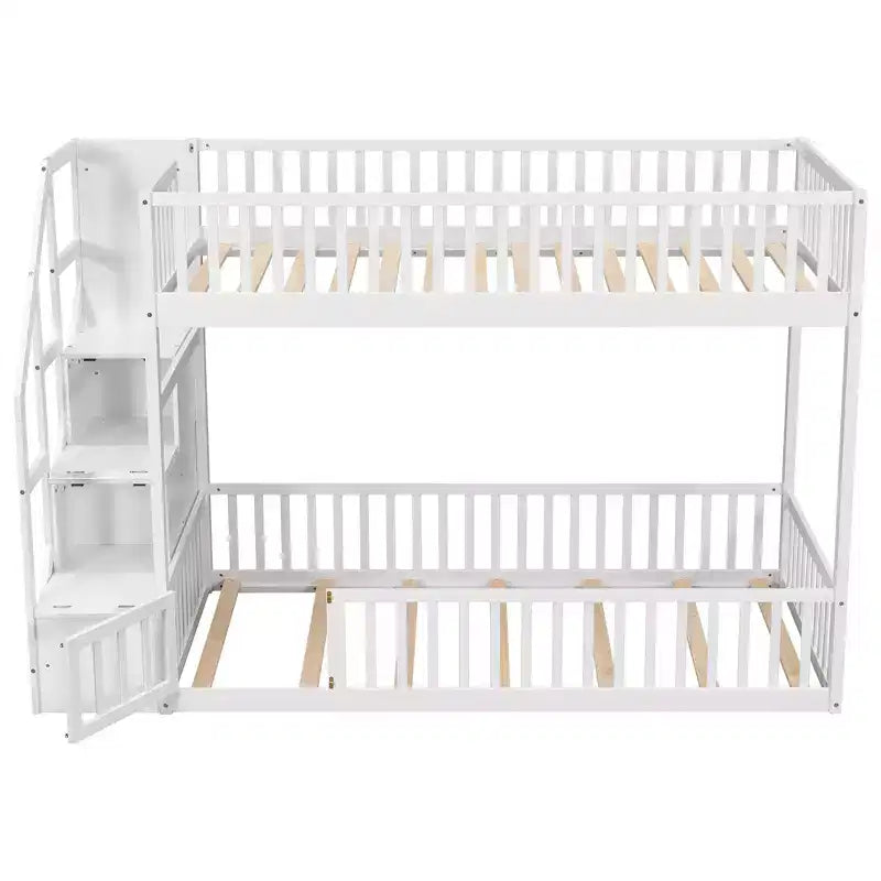 Twin Over Twin Floor Bunk Bed with Storage Stairs, Twin Size Wooden Bunk Bed Frame with Guardrail