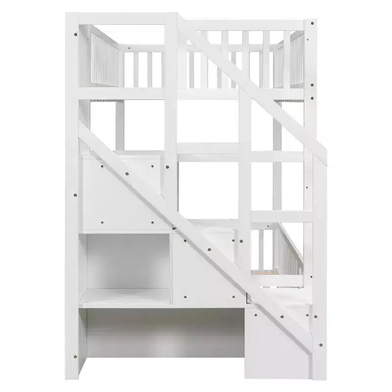 Twin Over Twin Floor Bunk Bed with Storage Stairs, Twin Size Wooden Bunk Bed Frame with Guardrail