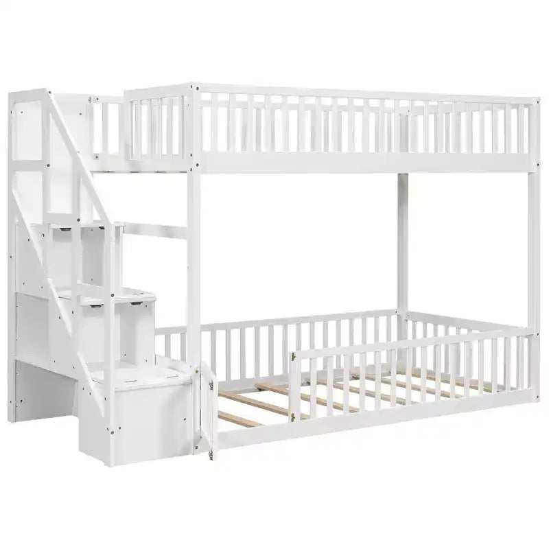 Twin Over Twin Floor Bunk Bed with Storage Stairs, Twin Size Wooden Bunk Bed Frame with Guardrail