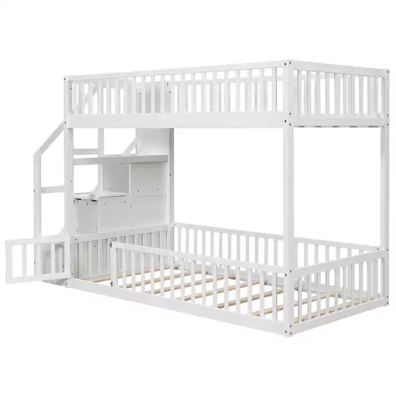 Twin Over Twin Floor Bunk Bed with Storage Stairs, Twin Size Wooden Bunk Bed Frame with Guardrail