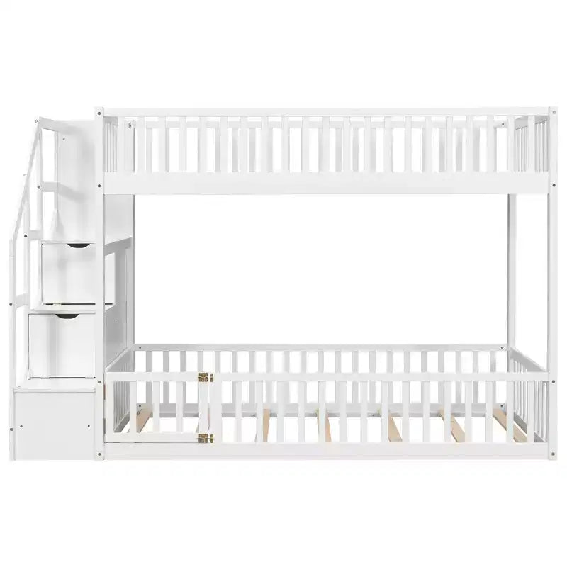 Twin Over Twin Floor Bunk Bed with Storage Stairs, Twin Size Wooden Bunk Bed Frame with Guardrail