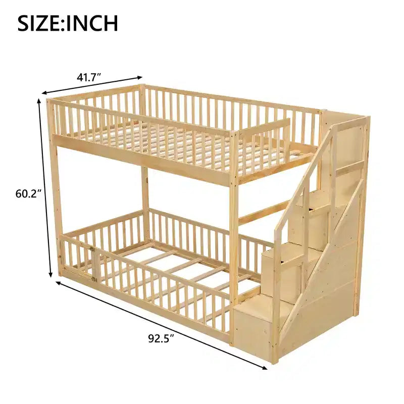 Twin Over Twin Floor Bunk Bed with Storage Stairs, Twin Size Wooden Bunk Bed Frame with Guardrail