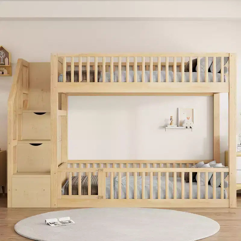 Twin Over Twin Floor Bunk Bed with Storage Stairs, Twin Size Wooden Bunk Bed Frame with Guardrail