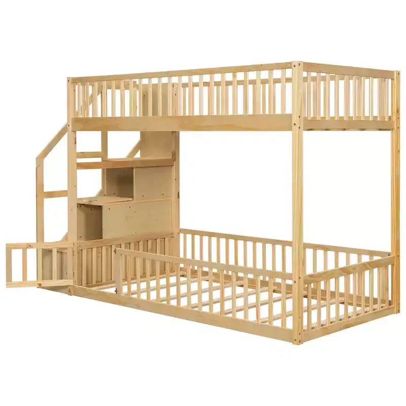 Twin Over Twin Floor Bunk Bed with Storage Stairs, Twin Size Wooden Bunk Bed Frame with Guardrail