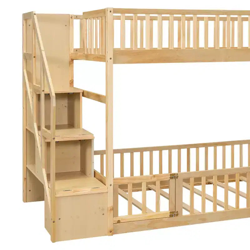 Twin Over Twin Floor Bunk Bed with Storage Stairs, Twin Size Wooden Bunk Bed Frame with Guardrail