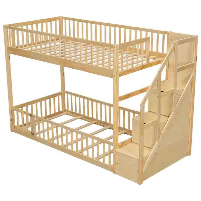 Twin Over Twin Floor Bunk Bed with Storage Stairs, Twin Size Wooden Bunk Bed Frame with Guardrail
