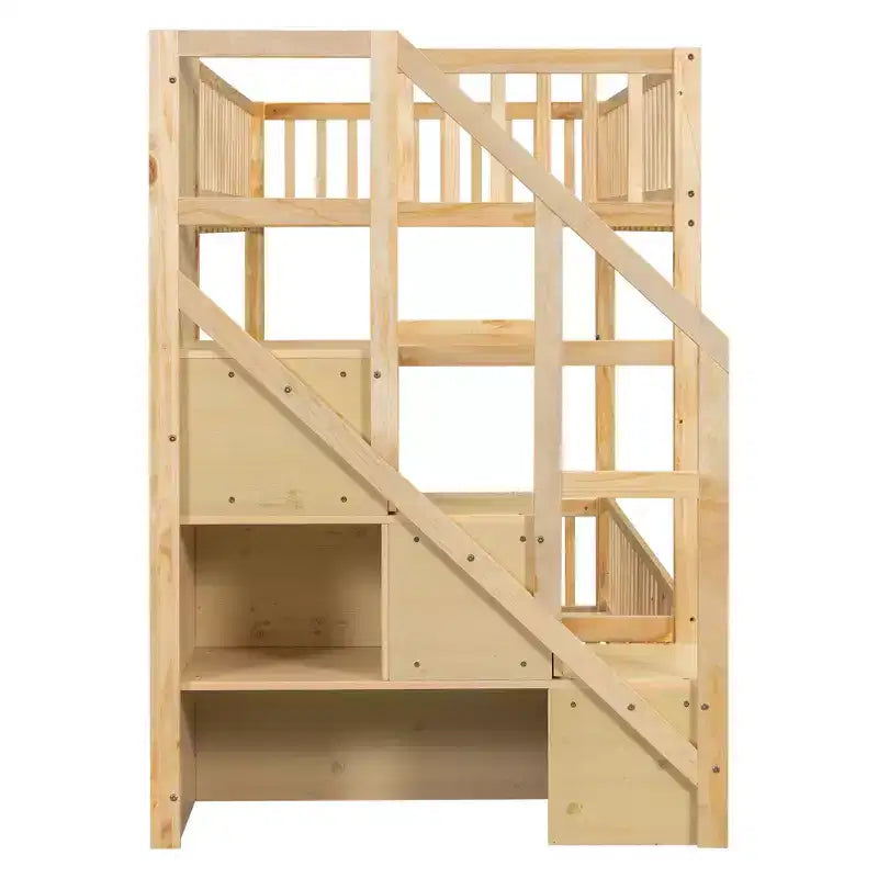 Twin Over Twin Floor Bunk Bed with Storage Stairs, Twin Size Wooden Bunk Bed Frame with Guardrail