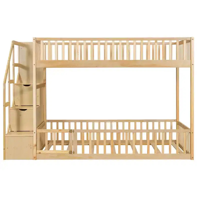 Twin Over Twin Floor Bunk Bed with Storage Stairs, Twin Size Wooden Bunk Bed Frame with Guardrail