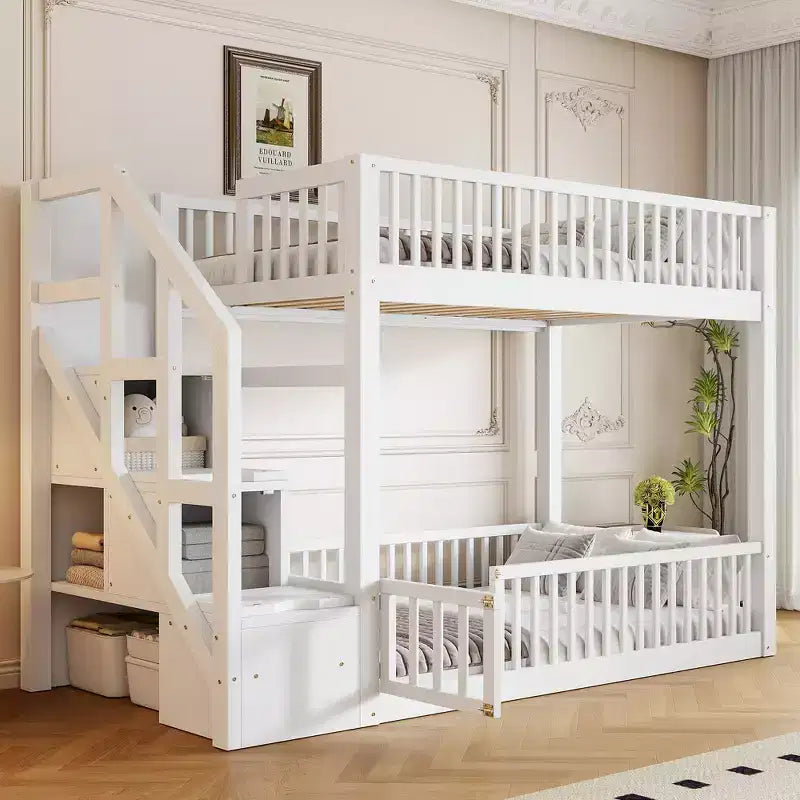 Twin Over Twin Floor Bunk Bed with Storage Stairs, Twin Size Wooden Bunk Bed Frame with Guardrail