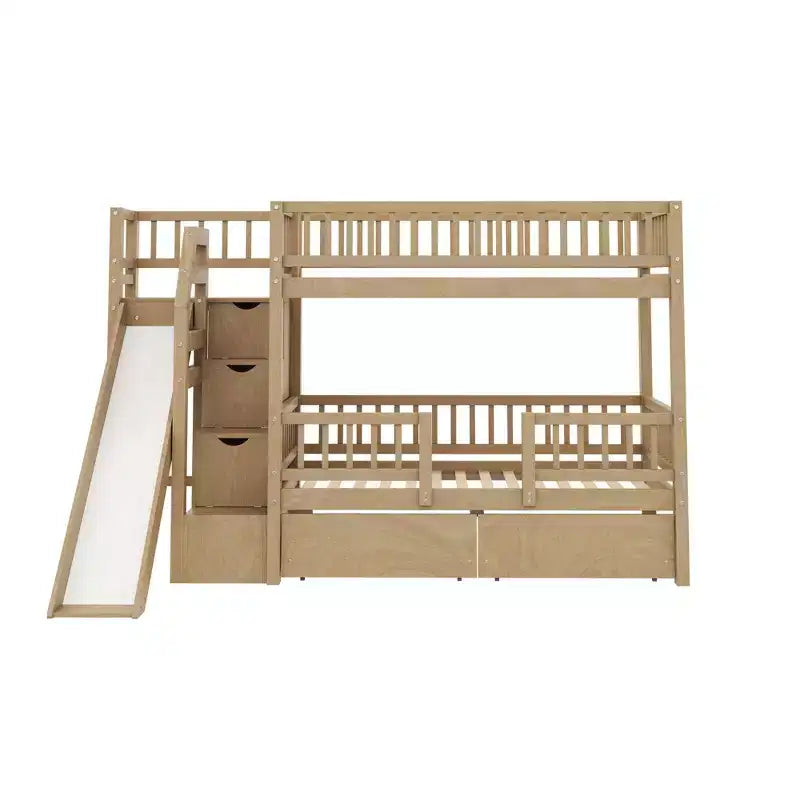 Twin Over Twin Bunk Bed with Slide and Storage Staircase, Twin Size Solid Pine Wood Bunk Bed Frame with Drawers and Guardrail