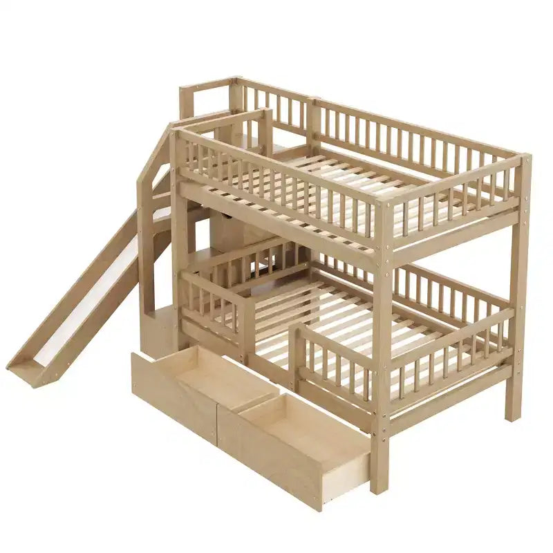 Twin Over Twin Bunk Bed with Slide and Storage Staircase, Twin Size Solid Pine Wood Bunk Bed Frame with Drawers and Guardrail