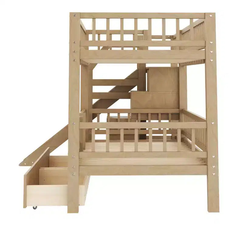 Twin Over Twin Bunk Bed with Slide and Storage Staircase, Twin Size Solid Pine Wood Bunk Bed Frame with Drawers and Guardrail